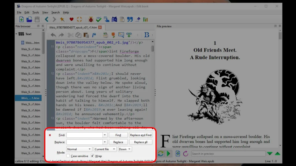 Calibre EPUB editor showing the Find/replace pane