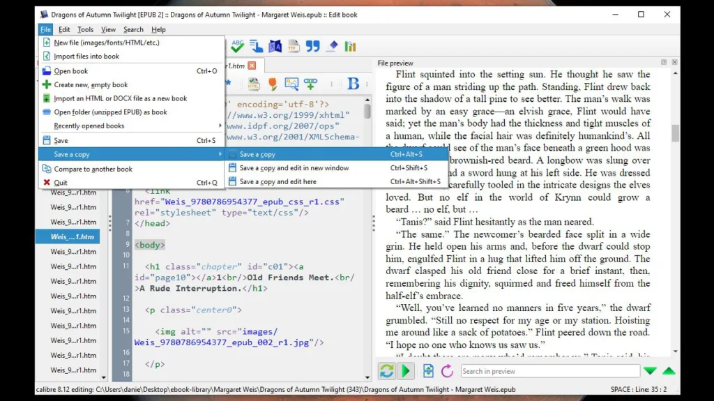 Calibre EPUB editor save EPUB as copy menu item
