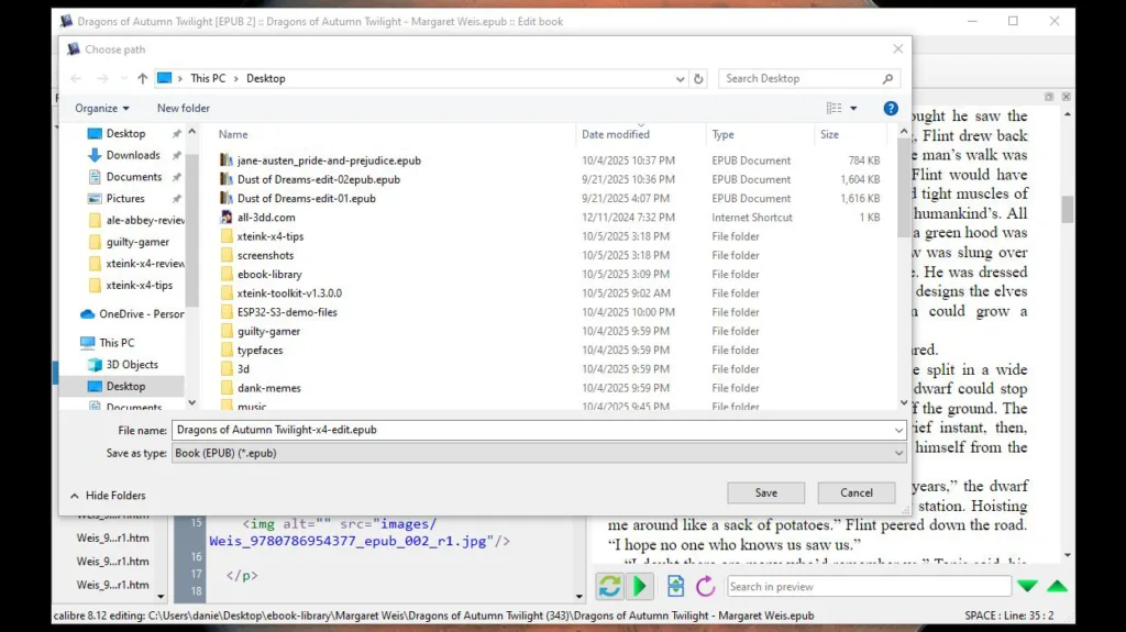 Calibre EPUB editor save name and location
