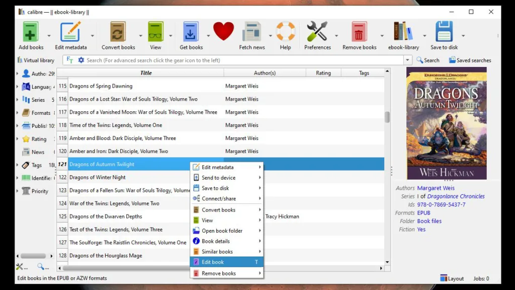 Calibre context menu with Edit book selected