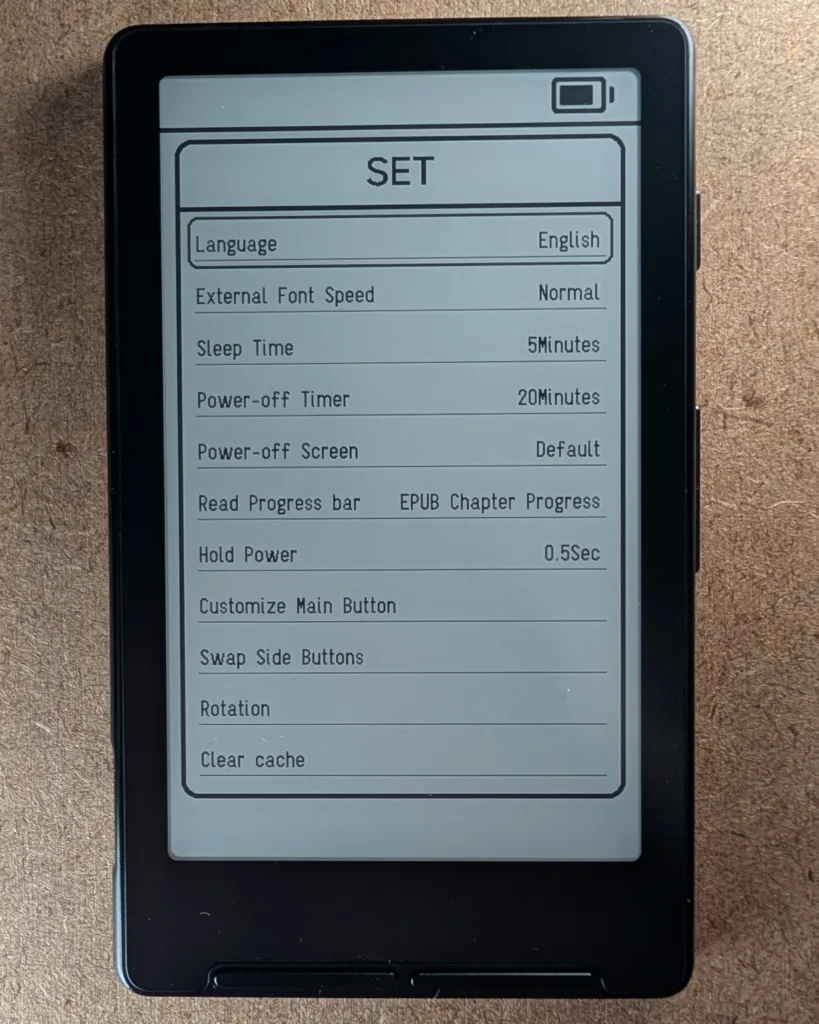 Xteink X4 Settings menu in English