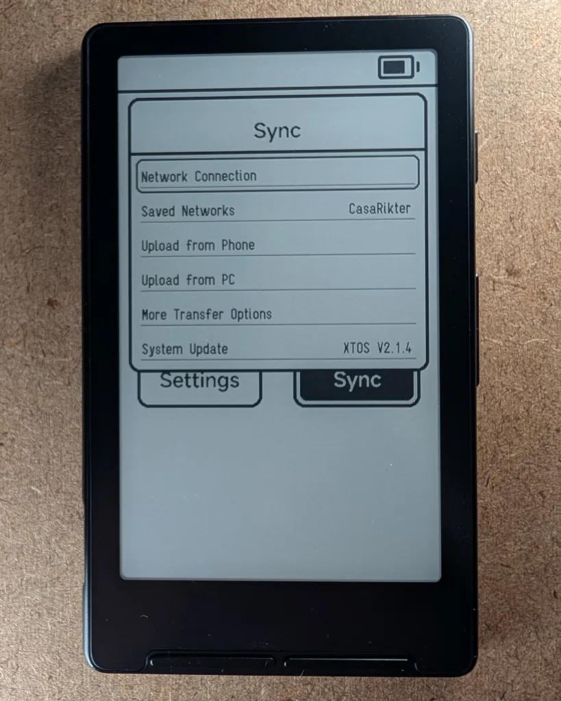Xteink X4 Sync menu with Network Connection selected