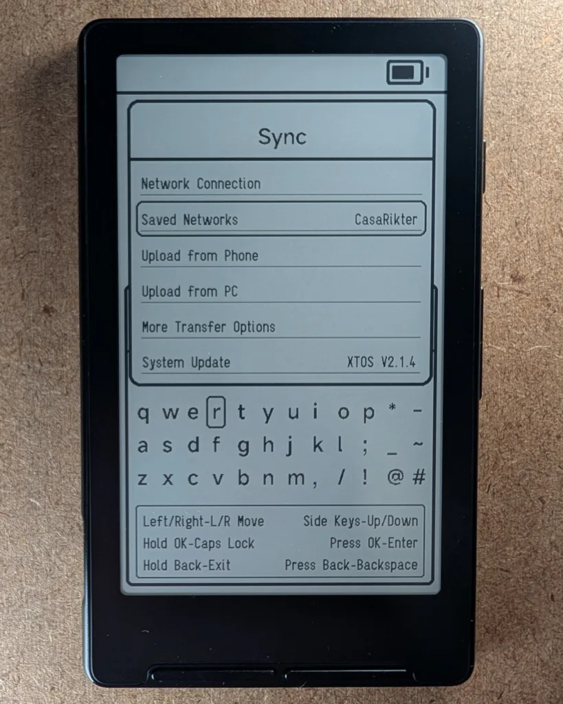 Xteink X4 Sync menu with Saved Networks selected