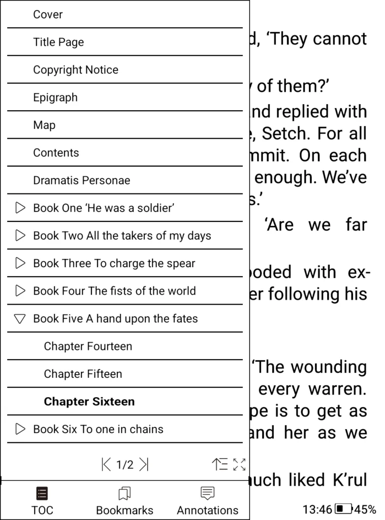 Bigme B6 Color xReader table of contents menu