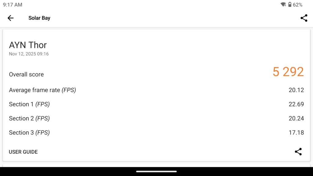 A screenshot of the Thor's 3D Mark Solar Bay benchmark, showing an overall score of 5,292.