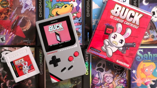 Chromatic playing Buck and the Cursed Cartridge with cart and box showing