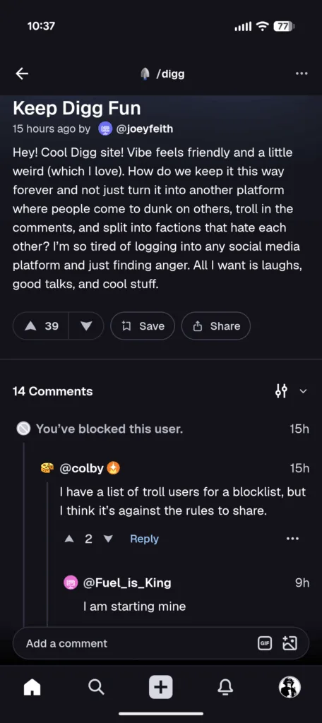 Screenshot of Digg Android app showing blocked user who was calling people nazis