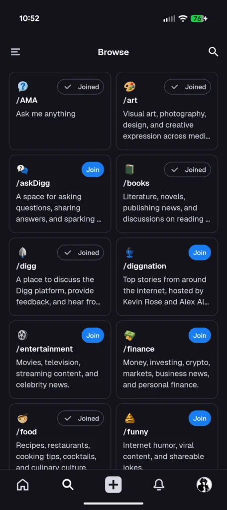 Screenshot of Digg Android app showing sparse sub selection
