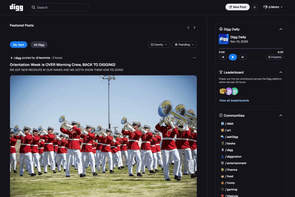 Screenshot of Digg beta website in dark mode