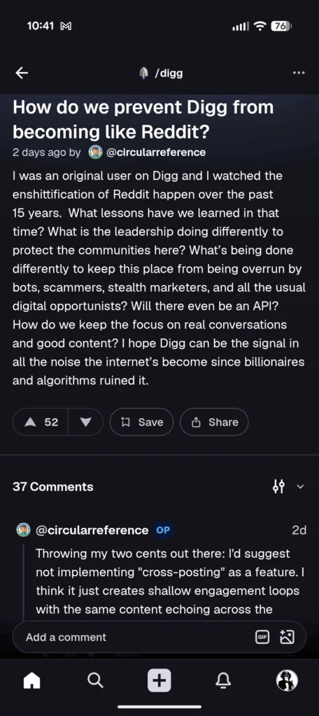 Screenshot of Digg Android app asking how to keep the place from turning into reddit