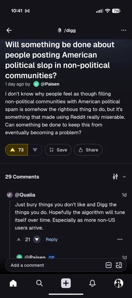 Screenshot of Digg Android app asking people to stop posting politics everywhere