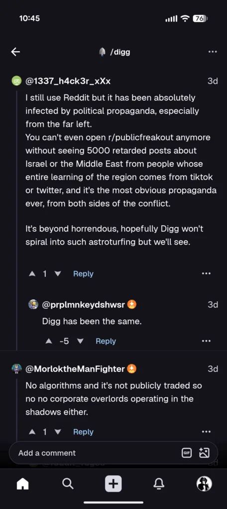 Screenshot of Digg Android app showing downvotes for pointing out obvious