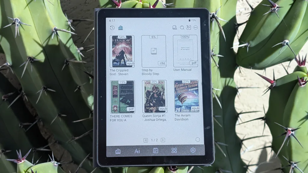 Bigme B6 Color on cactus with library app open