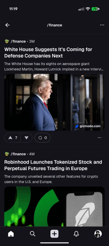 Screenshot of Digg Android app showing finance sub with political content