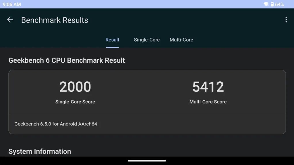 A screenshot of the Thor's Geekbench6 CPU Benchmark, showing a single-core score of 2,000 and a multi-core score of 5,412.