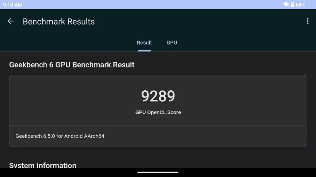 A screenshot of the Thor's Geekbench6 OpenCL GPU Benchmark, showing a score of 9,289.