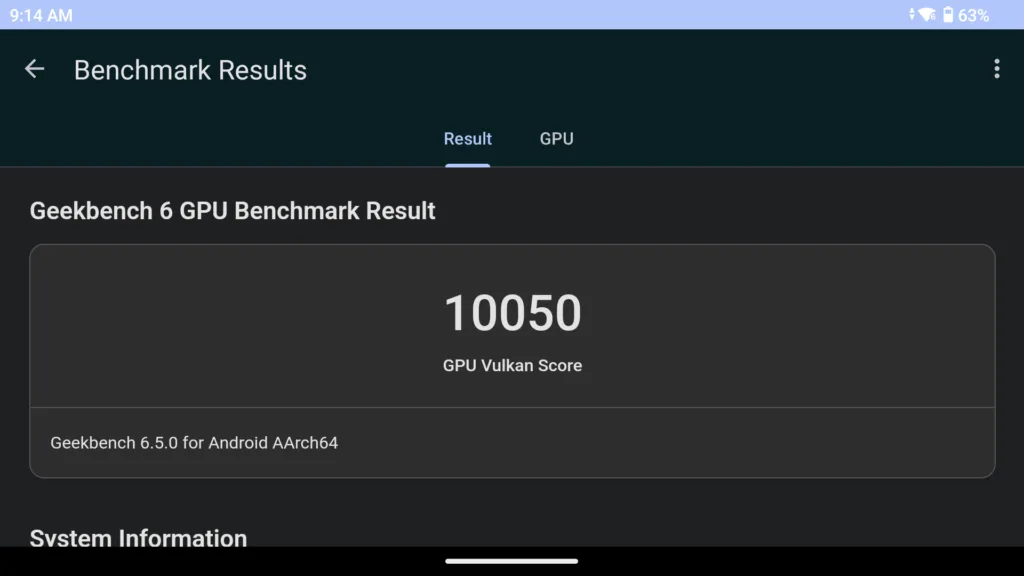 A screenshot of the Thor's Geekbench6 Vulkan GPU Benchmark, showing a score of 10,050.