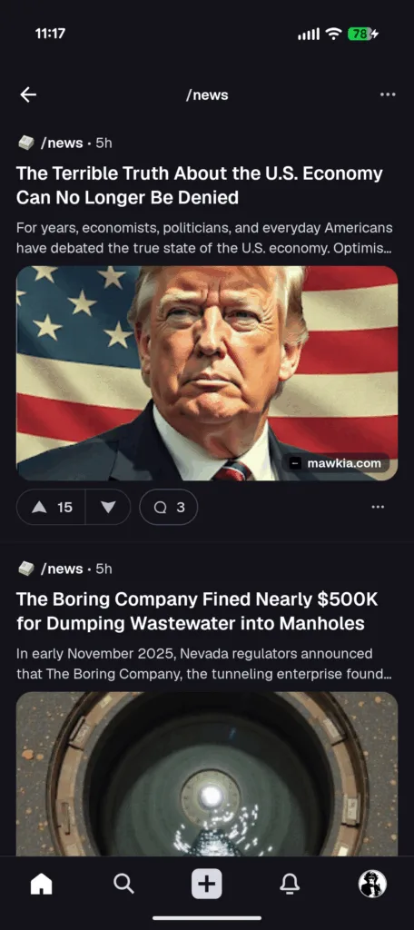 Screenshot of Digg Android app showing news sub with political content