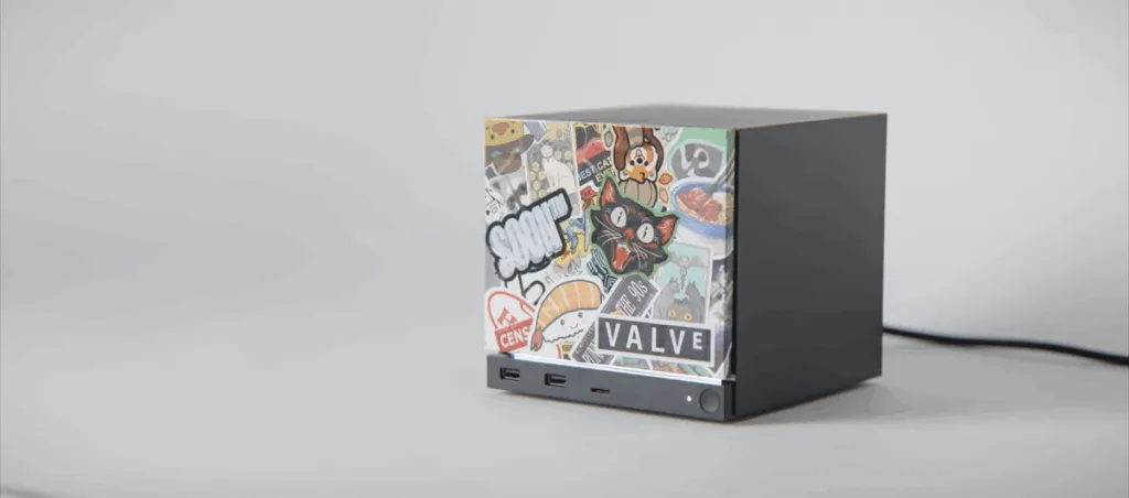 A picture taken from the announcement video showing a panel with custom art on the front of the Steam Machine.