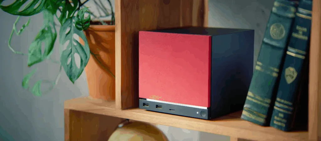 A picture taken from the announcement video showing a red panel on the front of the Steam Machine.