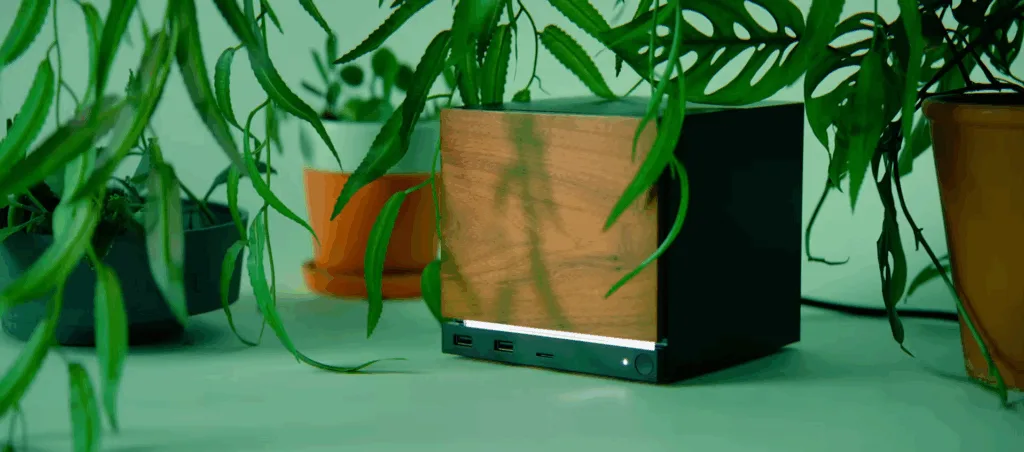 A picture taken from the announcement video showing a wood panel on the front of the Steam Machine.