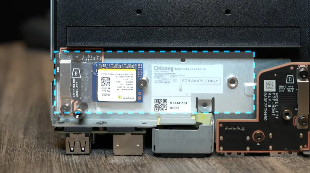 The bottom of the Steam Machine, revealing the M.2 SSD slot that fits M.2 drives of various sizes.