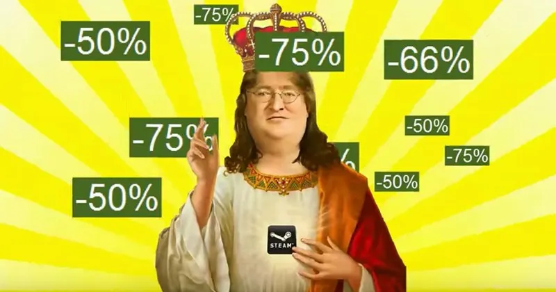 A meme picture of Gabe Newell as a king, surrounded by massive discount percentages.