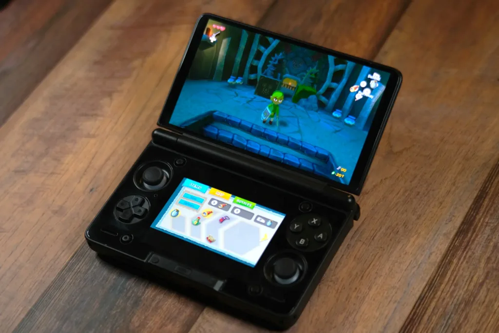 A picture of the Legend of Zelda Wind Waker HD running on the Thor. The game is on the top screen, and the gamepad is on the bottom screen.