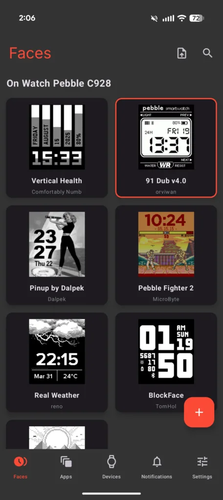 Pebble 2 Duo screenshot showing faces
