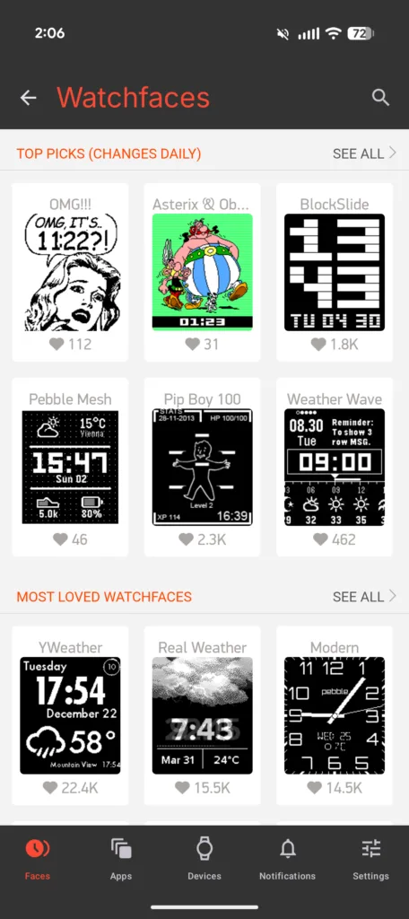 Pebble 2 Duo screenshot showing watchfaces