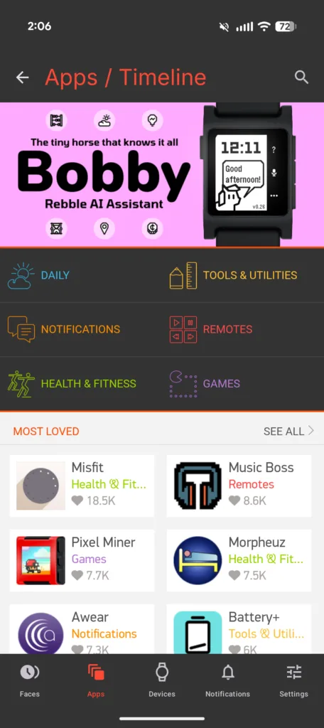 Pebble 2 Duo screenshot showing apps selection