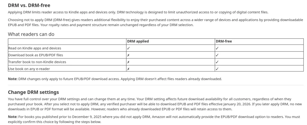 Screenshot of DRM help page for Kindle publishers