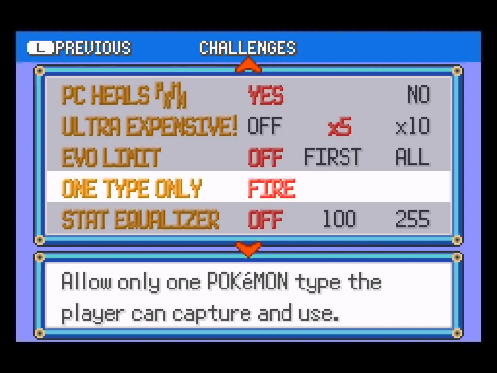 A screenshot of the Challenges screen where players can adjust the pricing of in-game items, limit their pokemons' evolutions, make it so the player can only catch one type of Pokemon, etc.