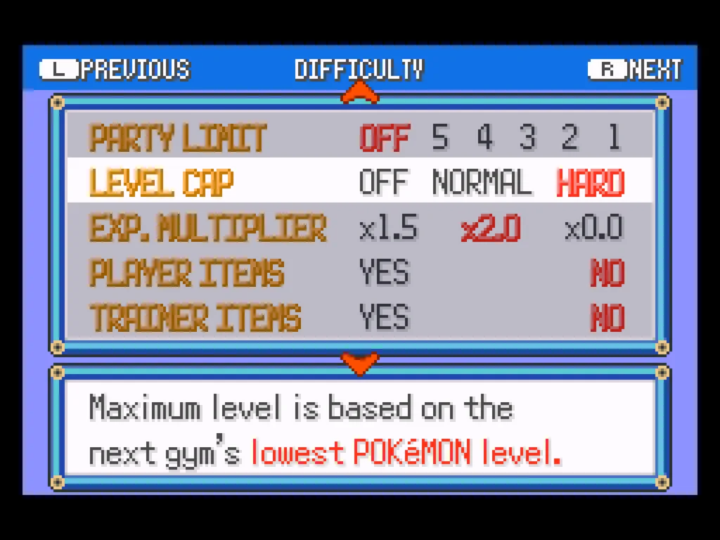 A screenshot of the Difficulty screen where players can turn on a party limit, level cap, experience multiplier, etc.