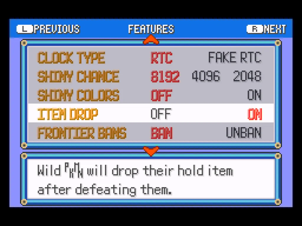 A screenshot of the Features screen, where you can adjust the clock type, shiny odds, and other various settings.