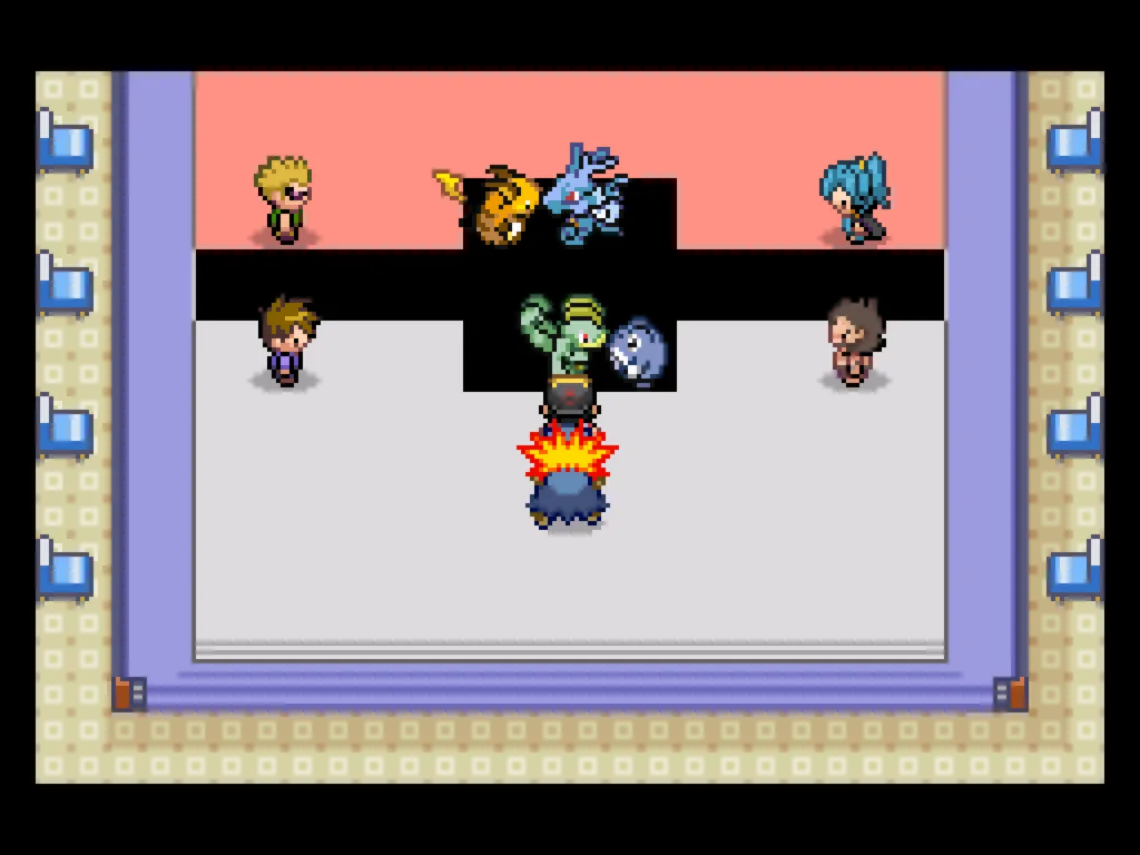 A picture of the backroom in Saffron City's Fighting Dojo. Blue's Machamp is battling Chuck's Poliwrath, and Lt. Surge's Raichu is battling Claire's Kingdra.