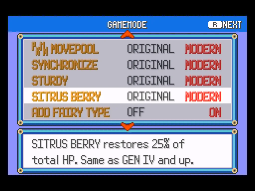 A screenshot of the Game mode screen, showing that the player can choose between "original" and "modern" settings for things like movepool, pokemon abilities, and whether or not to use the Fairy type.