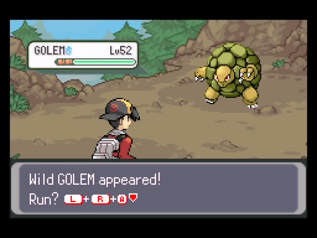 A picture of the player encountering a wild Golem, showcasing the mountain background for the battle screen.