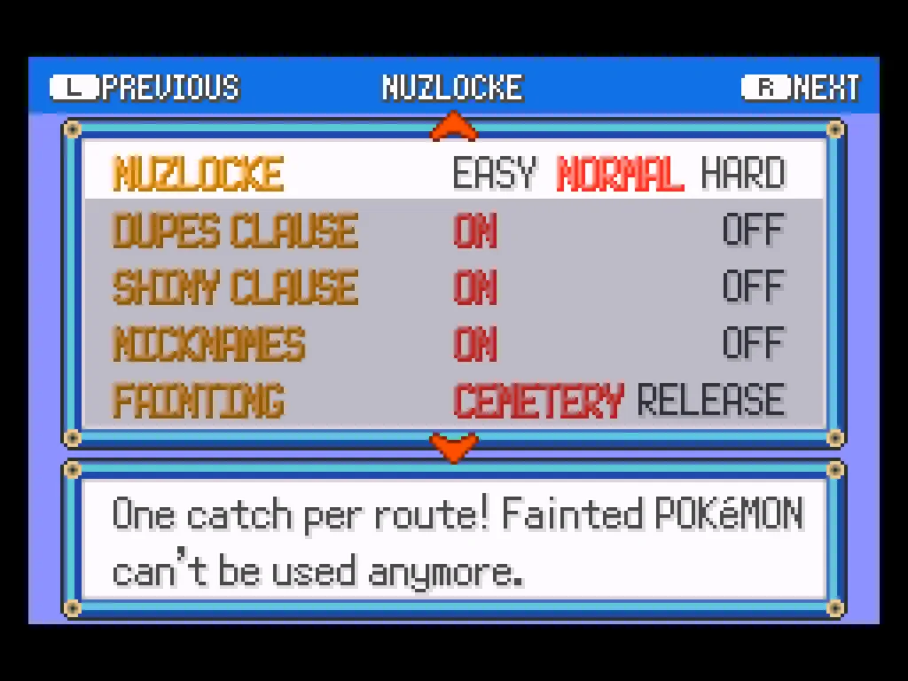 A screenshot of the Nuzlocke screen, where players can turn on Nuzlocke for their playthrough and adjust various nuzlocke settings such as dupes clause, shiny clause, etc.