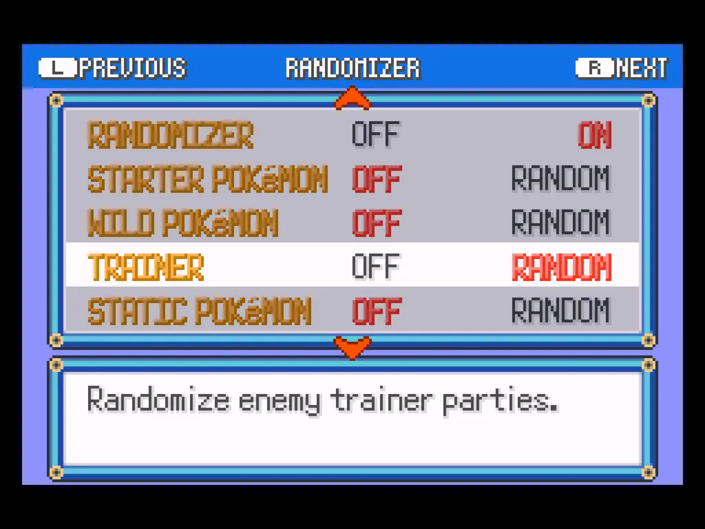 A screenshot of the Randomizer screen, where players can adjust random encounters for starters, wild pokemon, trainer teams, etc.