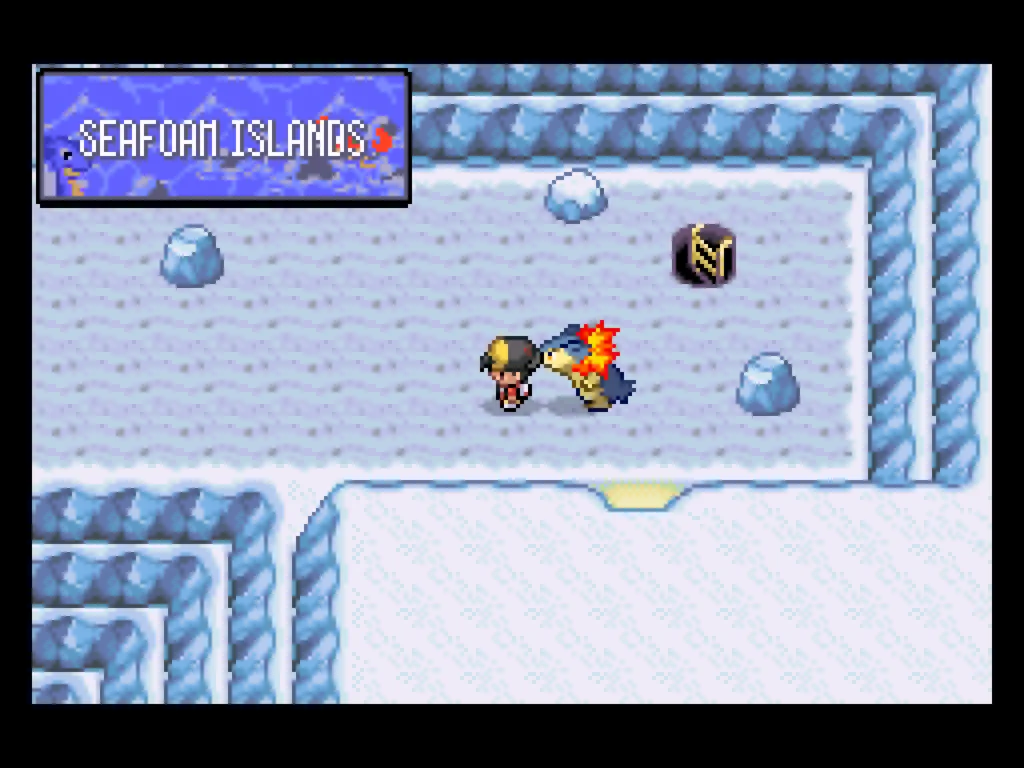 A picture of the player and Typhlosion at the Seafoam Islands.