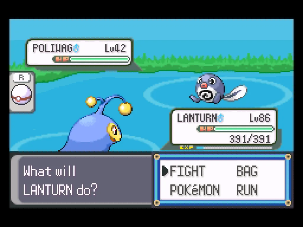 A picture of a battle between Lanturn and Poliwag, showcasing a pond background for the battle screen.
