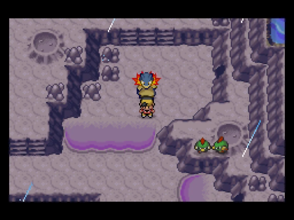 A picture of the player and Typhlosion at the Whirl Islands, with rain, purple sand, and some Natus.