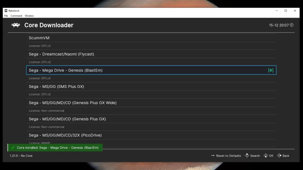 RetroArch Core Downloader menu showing successfully downloaded core