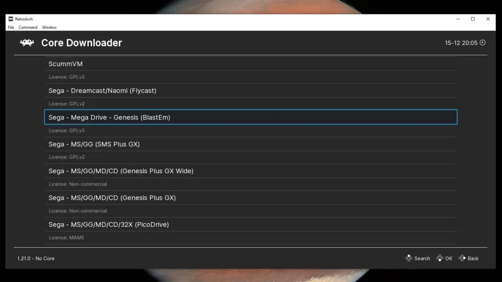 RetroArch Core Downloader menu