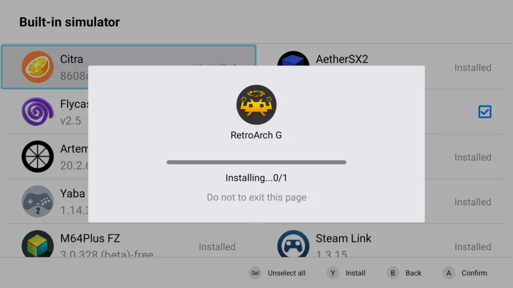 RetroArch G install modal