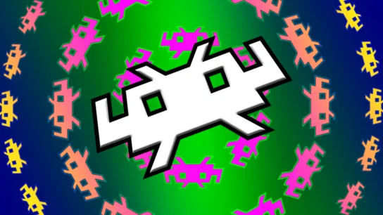RetroArch invader logo over a multi-color pattern of invader logos