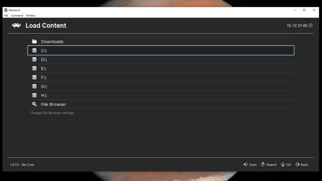 RetroArch Load Content menu