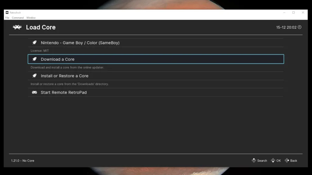RetroArch Load Core menu