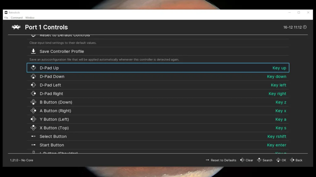 RetroArch Port 1 Controls menu
